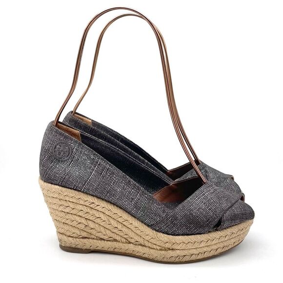 Tory Burch Filipa Espadrille Wedge Heel in Shimmer Pewter Linen Women’s Size 5.5 - Picture 8 of 16
